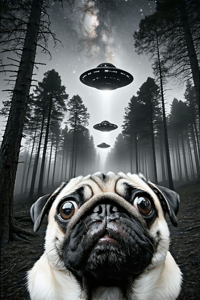 AI generated: A greyscale selfie of a pug with a confused,
surprised expression with big open eyes. The
pug is set...