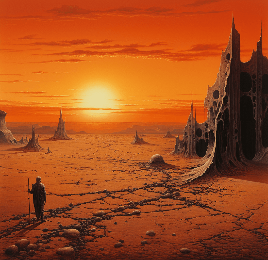 AI generated: Moebius, desert of sand and bones with an orange sky and dead dragon skeleton in the background, fan...