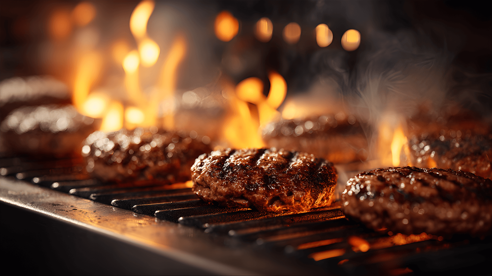 AI generated: Close-up view of several hamburger patties cooking on a grill,  with flames and smoke rising around ...