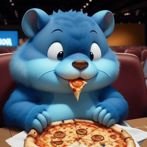 AI generated: a gopher eating pizza, they're sitting at a conference watching slides depicting golang code, 80s ca...
