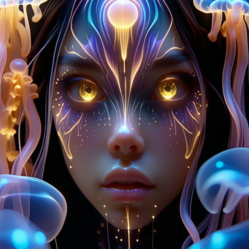 AI generated: Goddess close-up portrait ribcagel. jellyfish phoenix head, nautilus, orchid, skull, betta fish, bio...