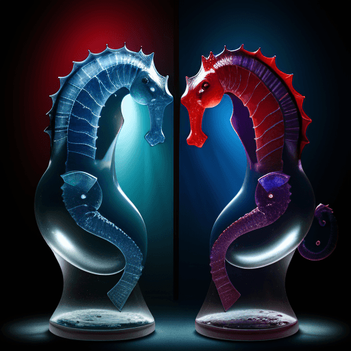 AI generated:  seahorse  facing each other separated by hour glass,

dynamic lighting, blue, red gothic, stained_g...