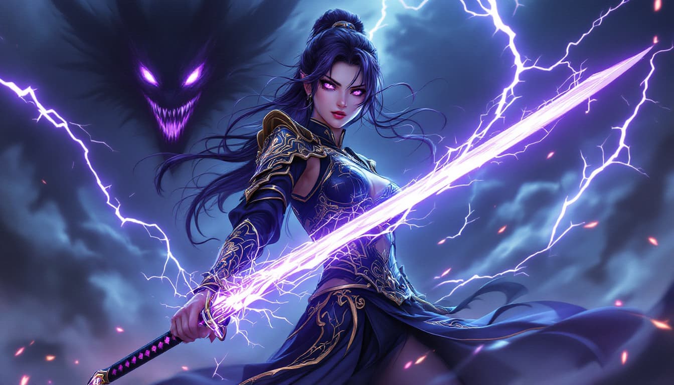 AI generated: "A powerful anime-style warrior with glowing violet eyes and flowing dark purple hair, standing amid...