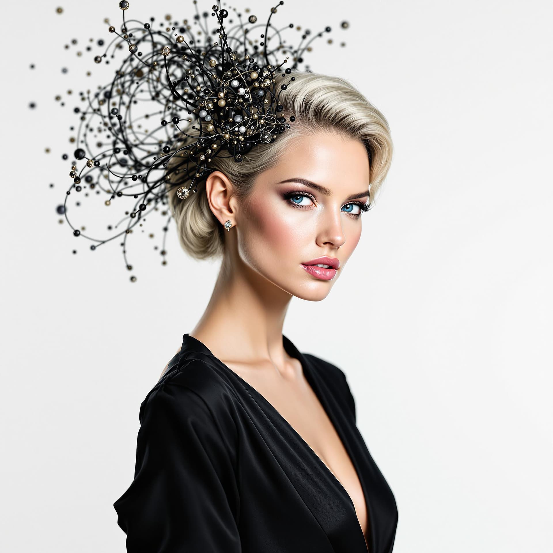 AI generated: Une image d'une belle femme à la peau claire et aux yeux bleus perçants. Ses cheveux sont coiffés en...