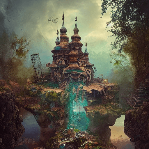 AI generated: Adobe photoshop terrarium fantasy medieval ancient russian village on floating rock photo manipulati...