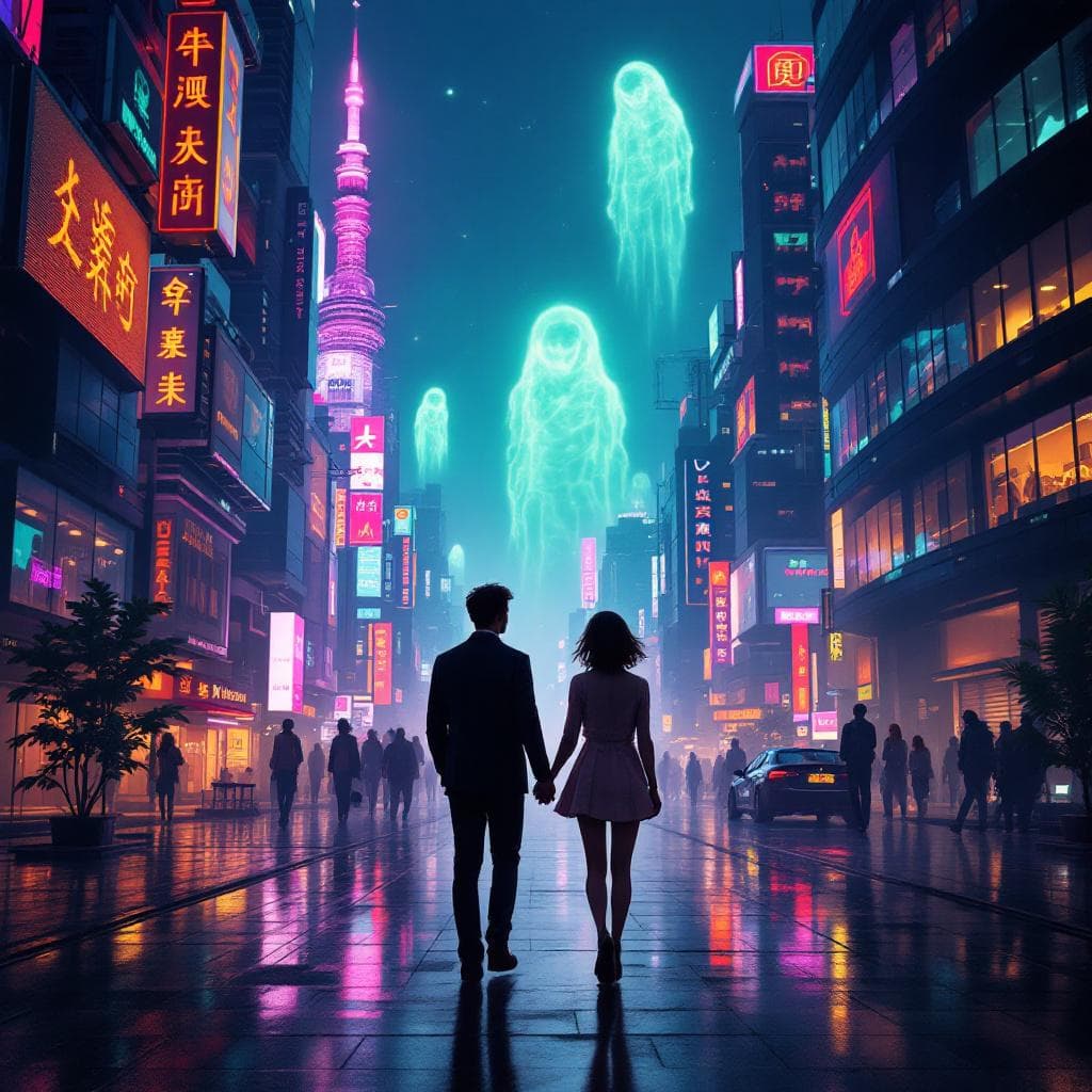 AI generated: In Midnight Neon, the artist explores the tender persistence of human connection within a futuristic...