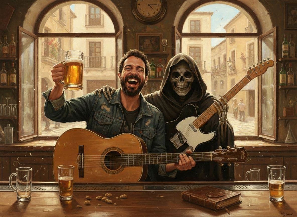 AI generated: the Grim Reaper sitting beside a man who is drinking beer and playing guitar in a cozy old bar, cine...