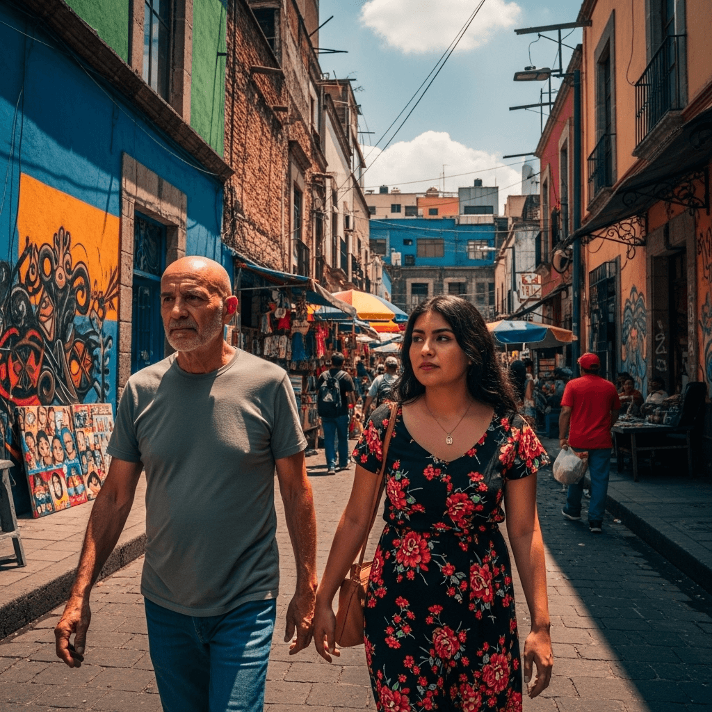 AI generated: a bald man with a lady, walking through Tepito, the most dangerous neighbourhood of Mexico City