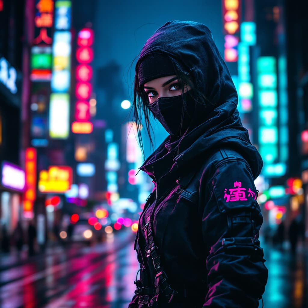 AI generated: photo of a female cyberpunk ninja, city streets at night with neon lights, cyberpunk style