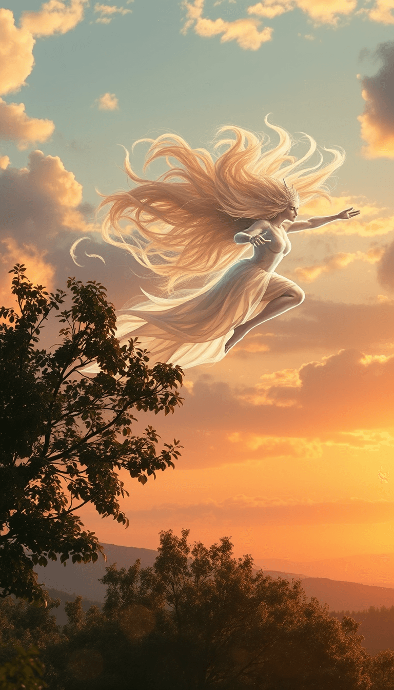 AI generated: A striking image of a powerful wind spirit, Viento, soaring through the sky. With flowing, wind-like...