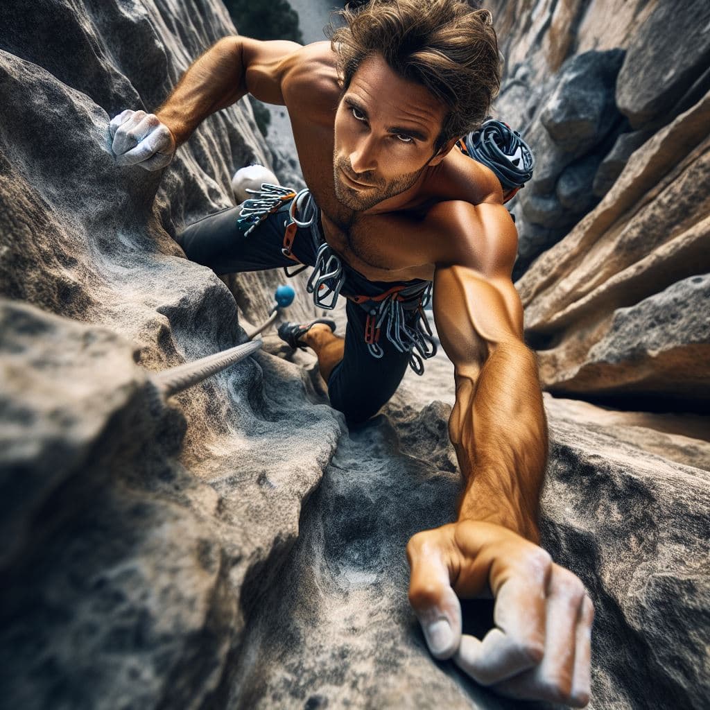 AI generated: Craft a hyper-realistic image of a man rock climbing, captured from a top-down perspective that acce...