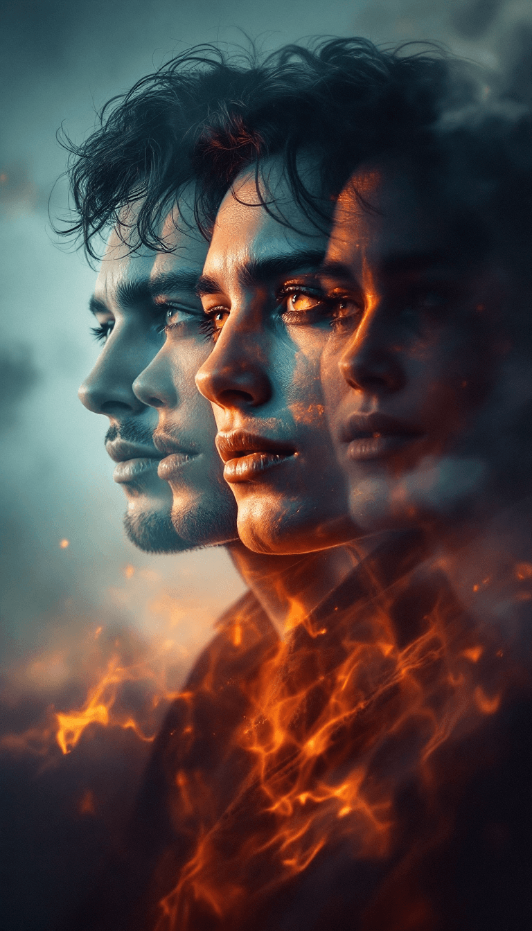 AI generated: Triple exposure,war,peace,death and a happy family portrait background,cinematic lighting,spot light...