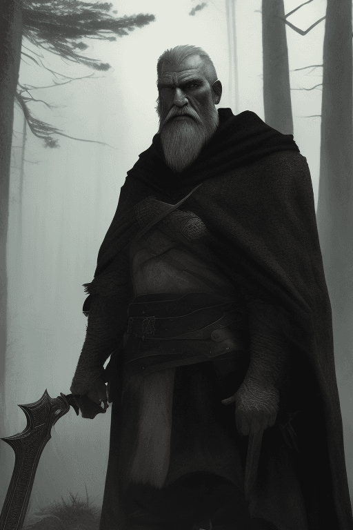 AI generated: portrait of a old ranger bearded man with a cold stare wearing a ((black cloak)) and armor (holding ...