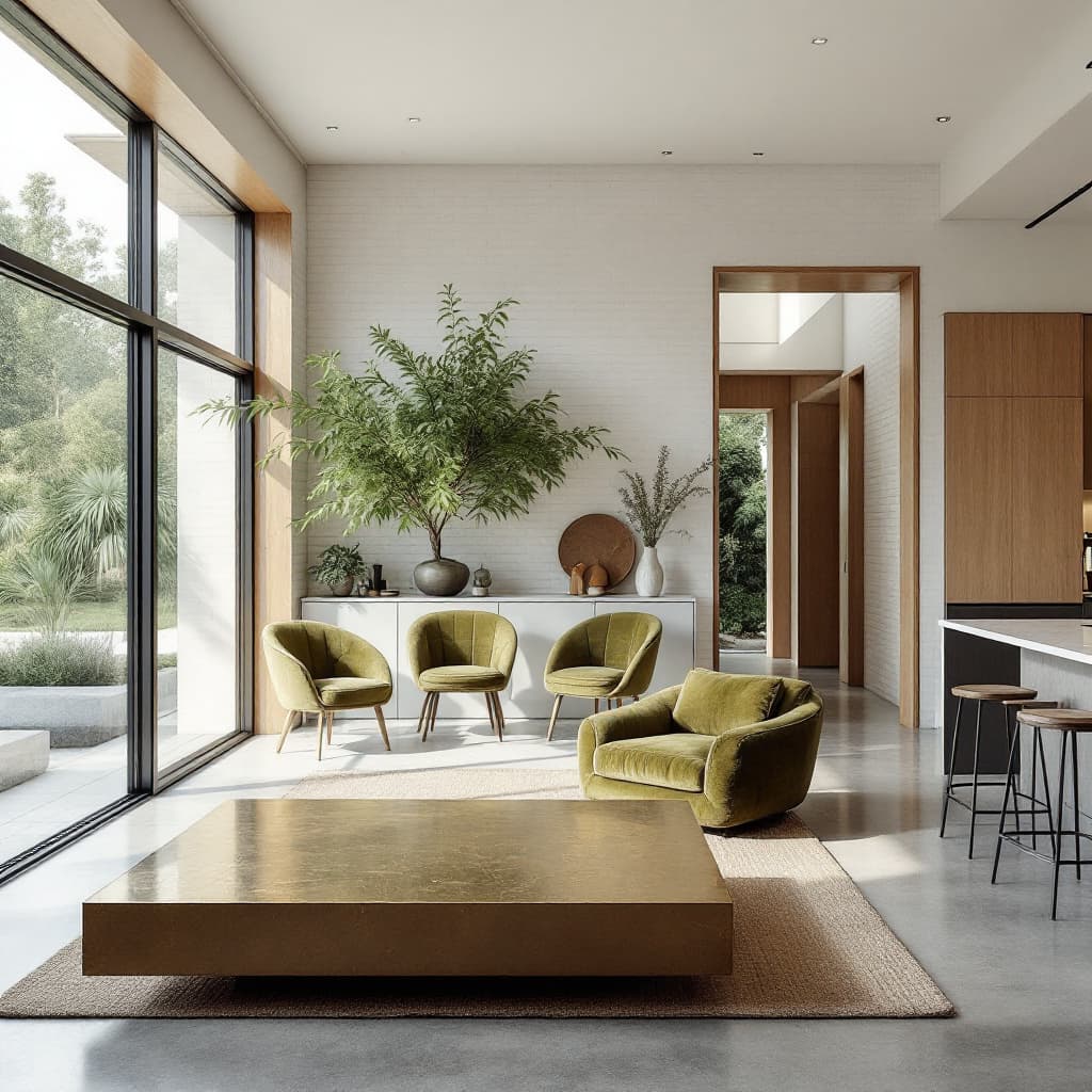AI generated: kitchen area framed by large floor-to-ceiling windows showcasing tranquil garden views, the interior...