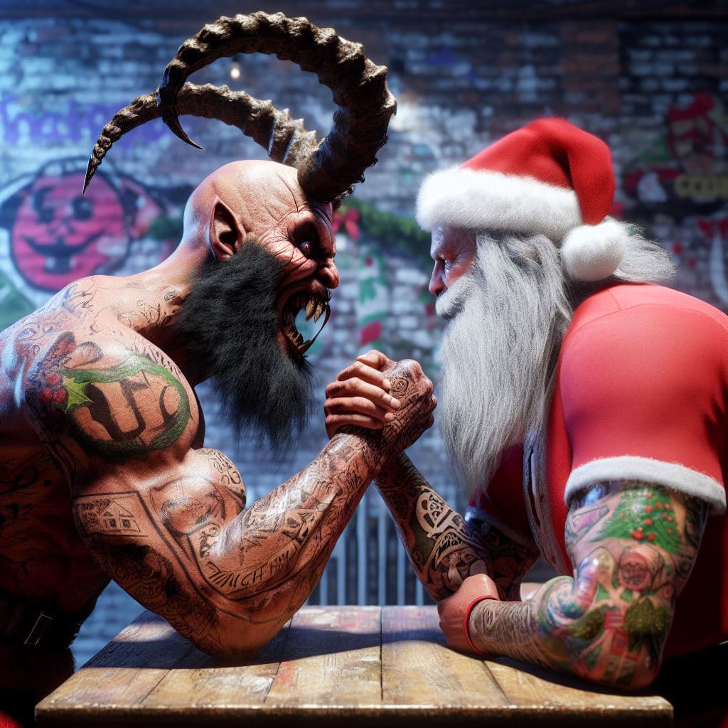AI generated: the legendary and infamous bearded KRAMPUS is seen facing towards a famously fashionable SANTA CLAUS...