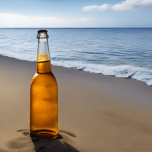 AI generated: UNA BOTELLA SOBRE ARENA DE UNA PLAYA , EN LA BOTELLASE LEE CERVEZA COSTEÑA