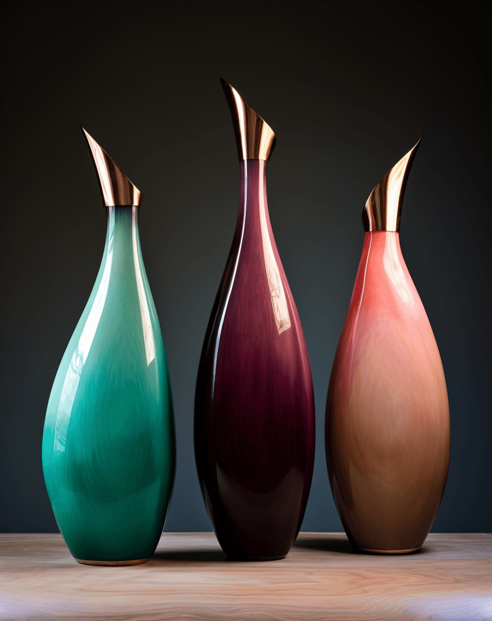 AI generated: three colored vases are sitting on a wooden board, in the style of glass sculpture, elongated and dr...