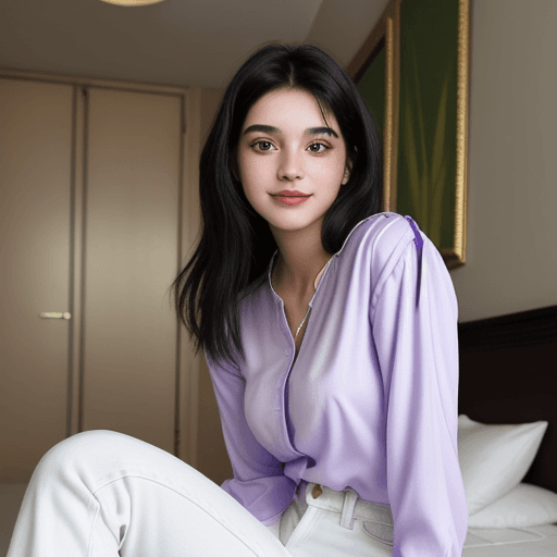 AI generated: A pretty 19 year old sitting on a hotel bed. She is wearing white jeans and a cute, purple blouse. S...