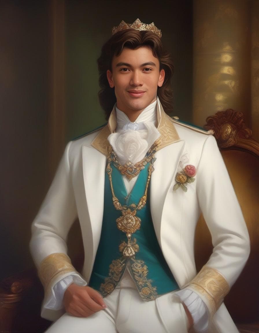 AI generated: A charming and charismatic prince, Disney style, with suave makeup, oil painting by Alfred Guillou, ...