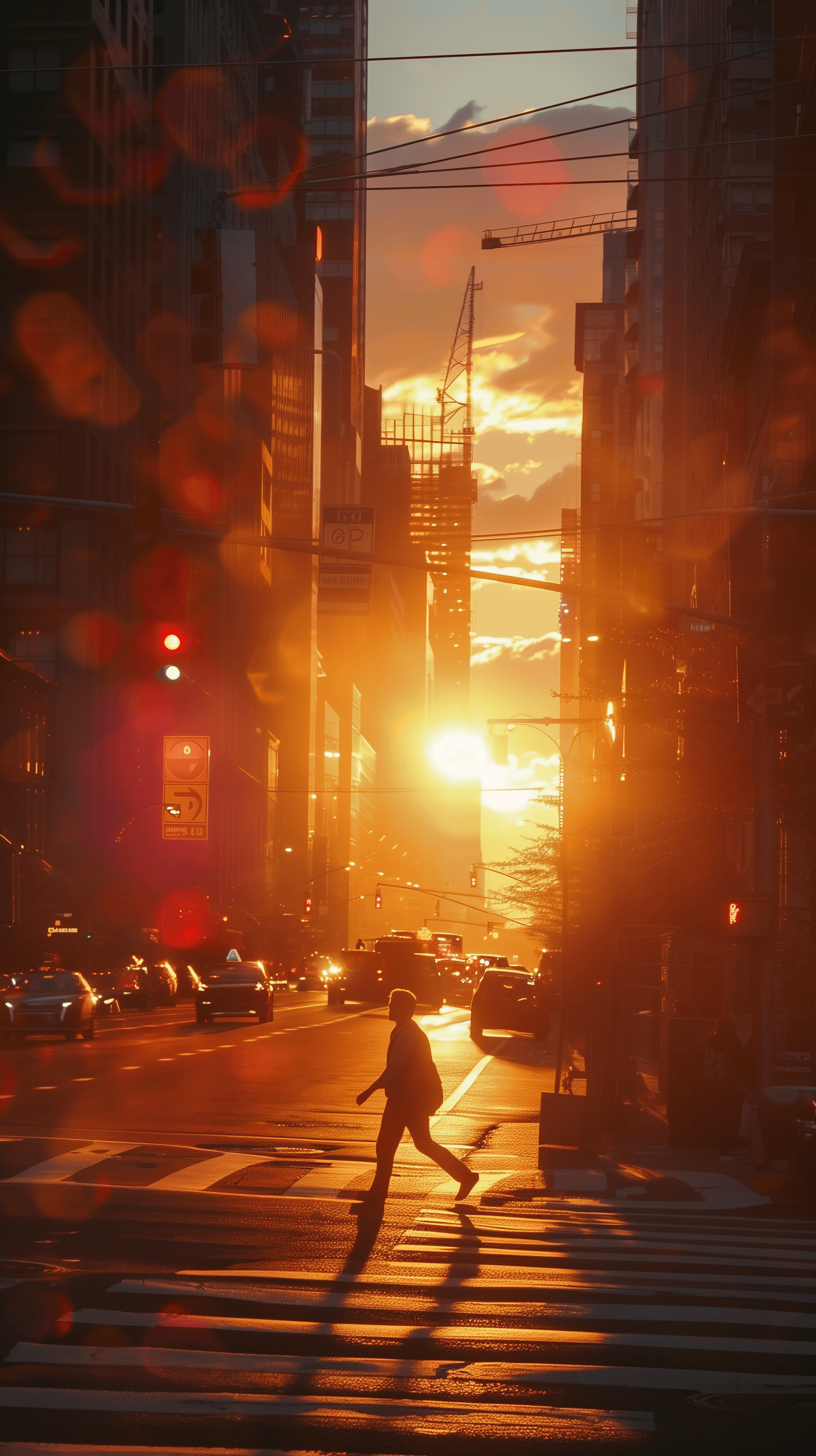 AI generated: cinematic, evening cityscape with a pedestrian crossing a street, illuminated by the warm colors of ...