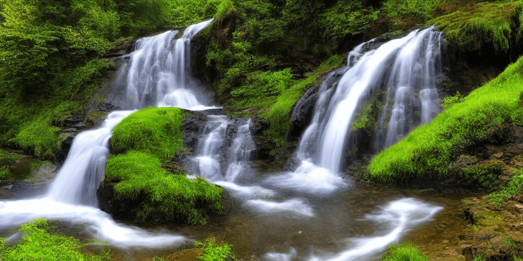 AI generated: a beautiful green landscape, waterfall, stunning light, breathtaking, golden sun, promised land, mou...