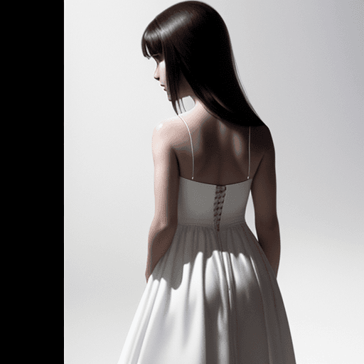 AI generated: A photo realistic girl in a white dress (facing away from the viewer), Black background.