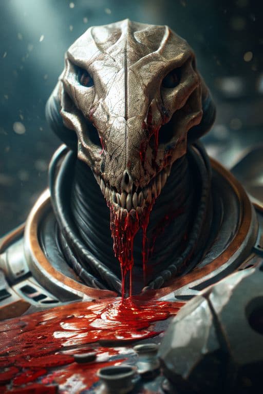 AI generated: an award winning photo of a hyperrealistic alien skull covered in blood and acid, 8k, octane render,...