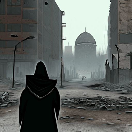 AI generated: Ruined post-apocalyptic city. Hooded person from the back.