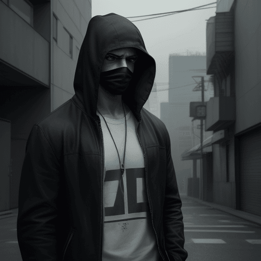AI generated: cinematic 4K image of a photo-realistic, enigmatic character standing amidst urban, serious face, al...
