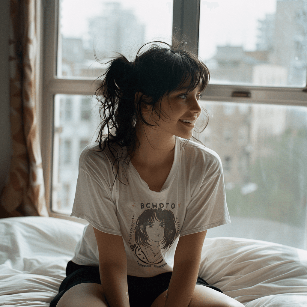 AI generated: cute girl, dark hair, bangs, messy pigtails, wearing boyfriend T-shirt, sitting on the edge of the b...