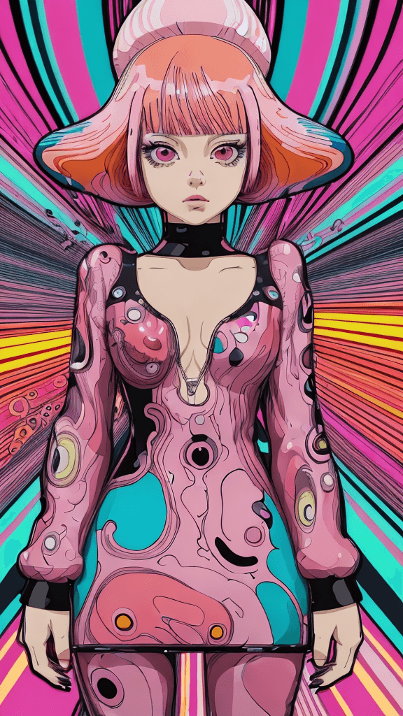 AI generated: in a funky background portrait of little mushroom woman, pink hair, Prominent eyes, funky background...