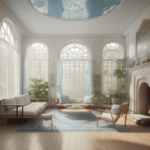AI generated: High resolution photography interior design, dreamy sunken living room conversation pit, wooden floo...