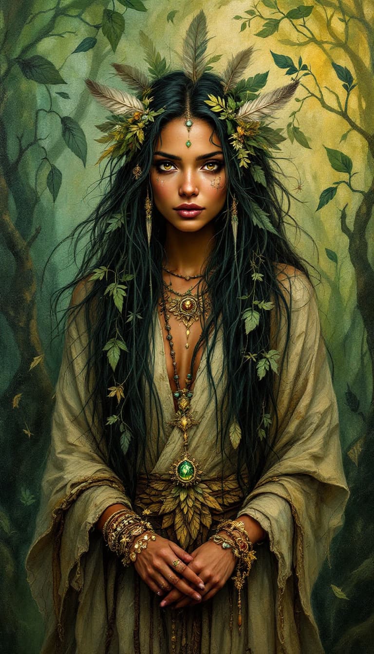AI generated: "Veridian Shaman in a Whispering Grove": A mesmerizing abstract painting showcases a shaman, exuding...