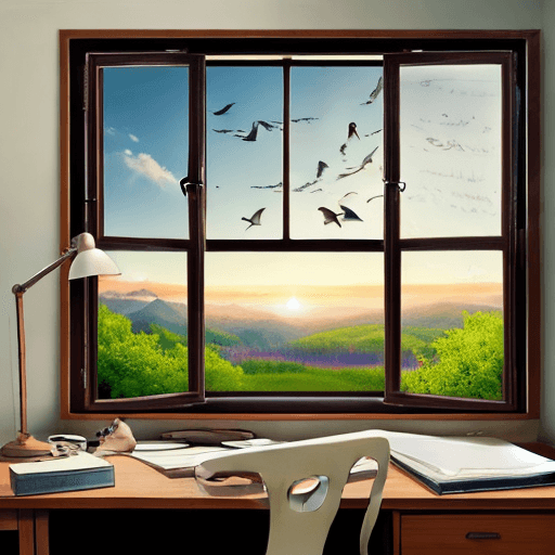 AI generated: 

realistic picture|beautiful heartwarming desk|window opening to a beautiful view by the desk|tiny ...
