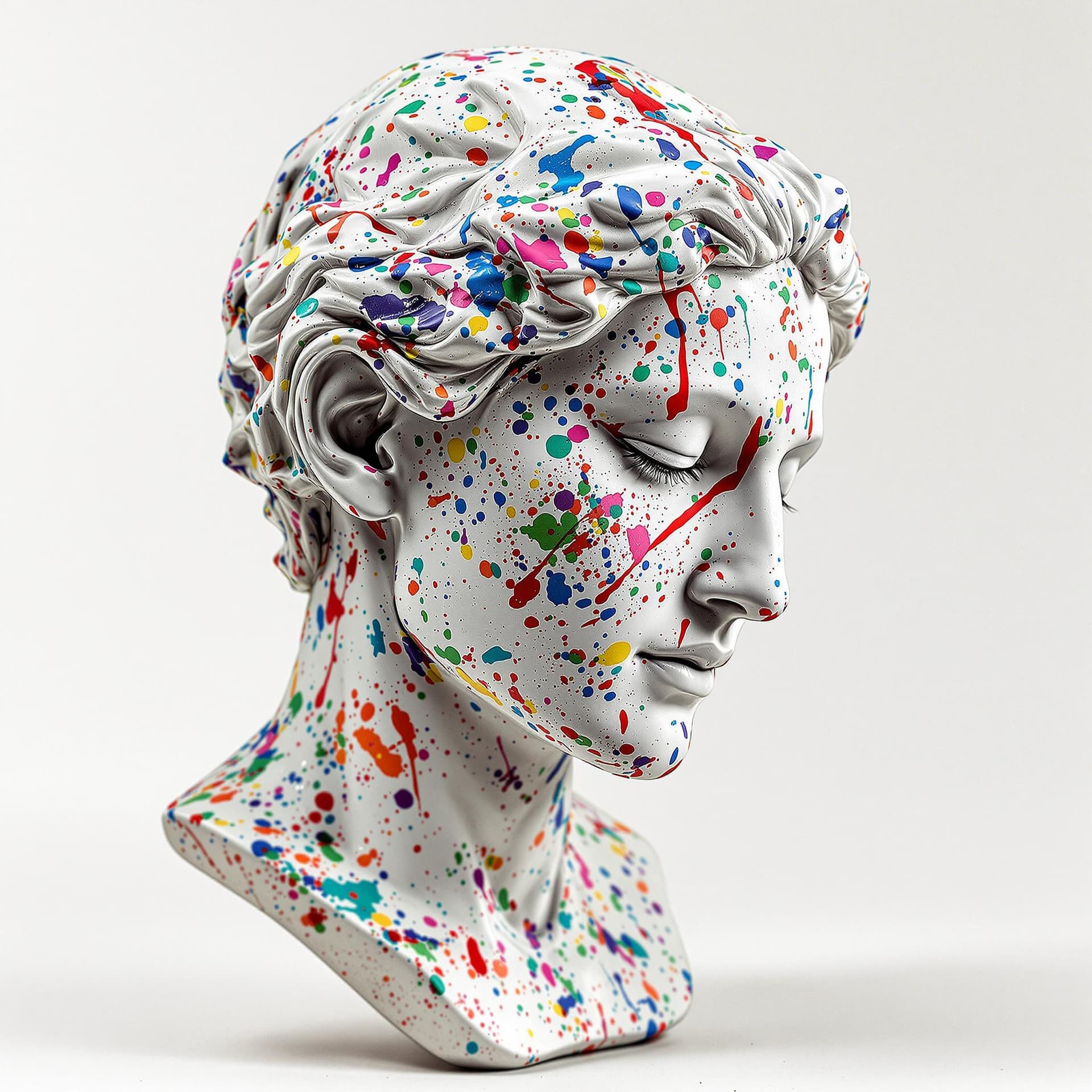 AI generated: An old marble bust sculpture splattered with colorful paint,looking side downwards --v 6.0