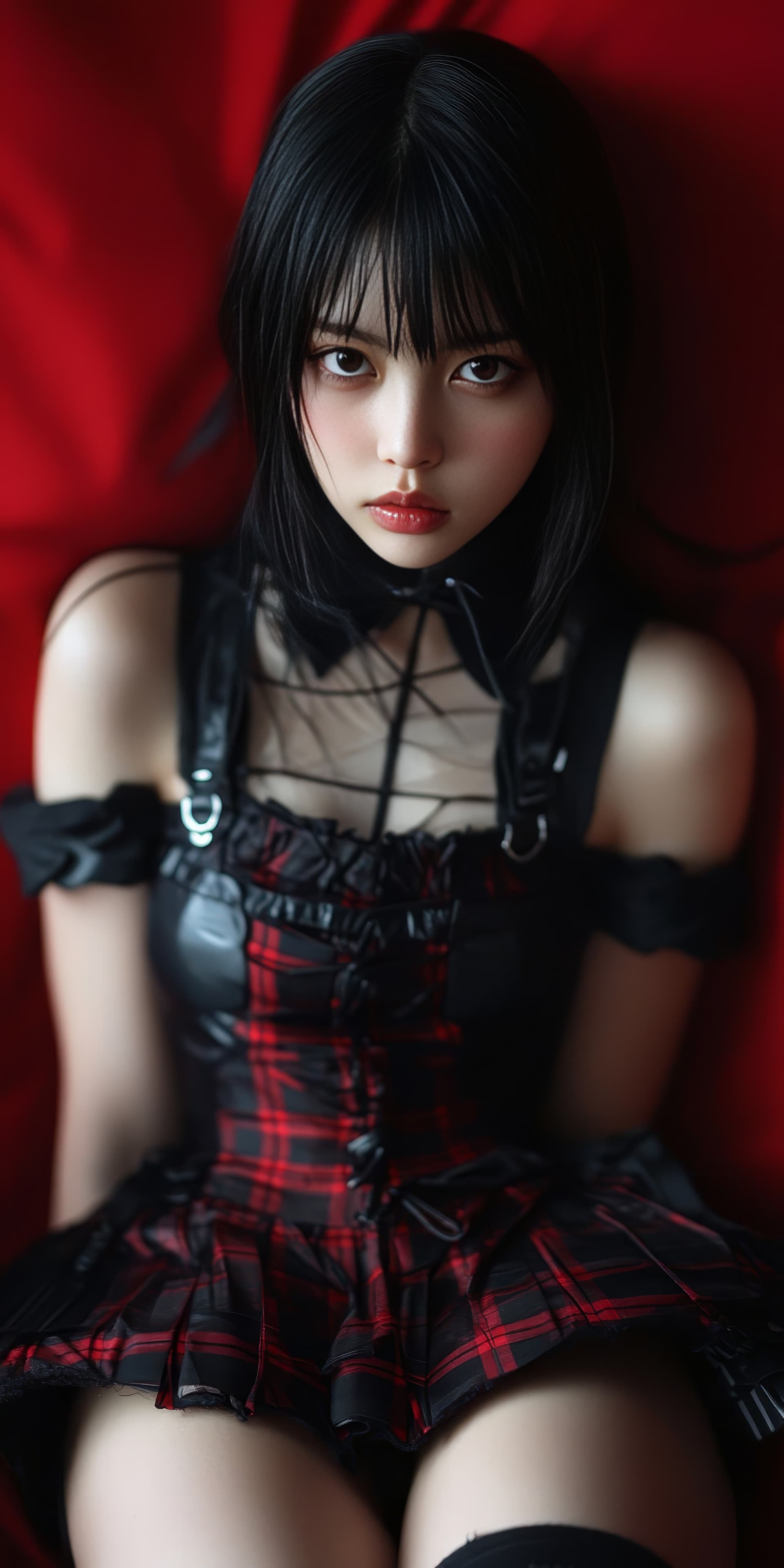 AI generated: A young woman with long black hair sits against a red background. She wears a black and red plaid co...