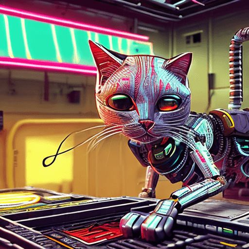 AI generated: (Robotic cat takeover:1.3), (enslaving humanity. Sci-Fi, -- HD 8K  cyberpunk, exotic, ruthless. atmo...