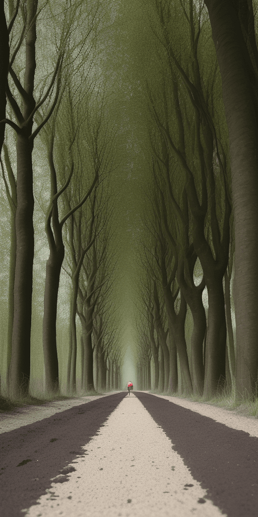AI generated: stretch of the Arenberg Forest, of the Paris-Roubaix cycling race, in cartoon style, with no people