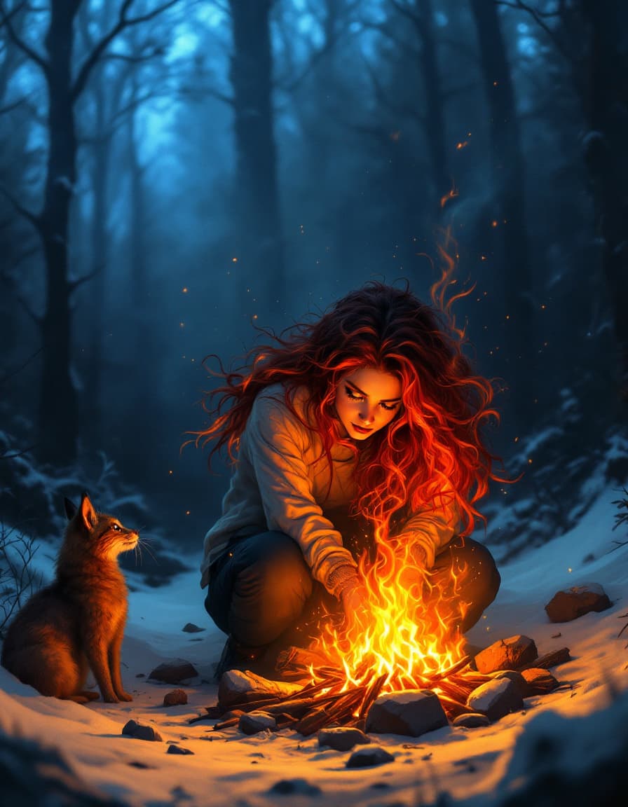 AI generated: A girl with fiery hair comes out in a campfire in a dark winter forest, spirit of the forest, dark n...