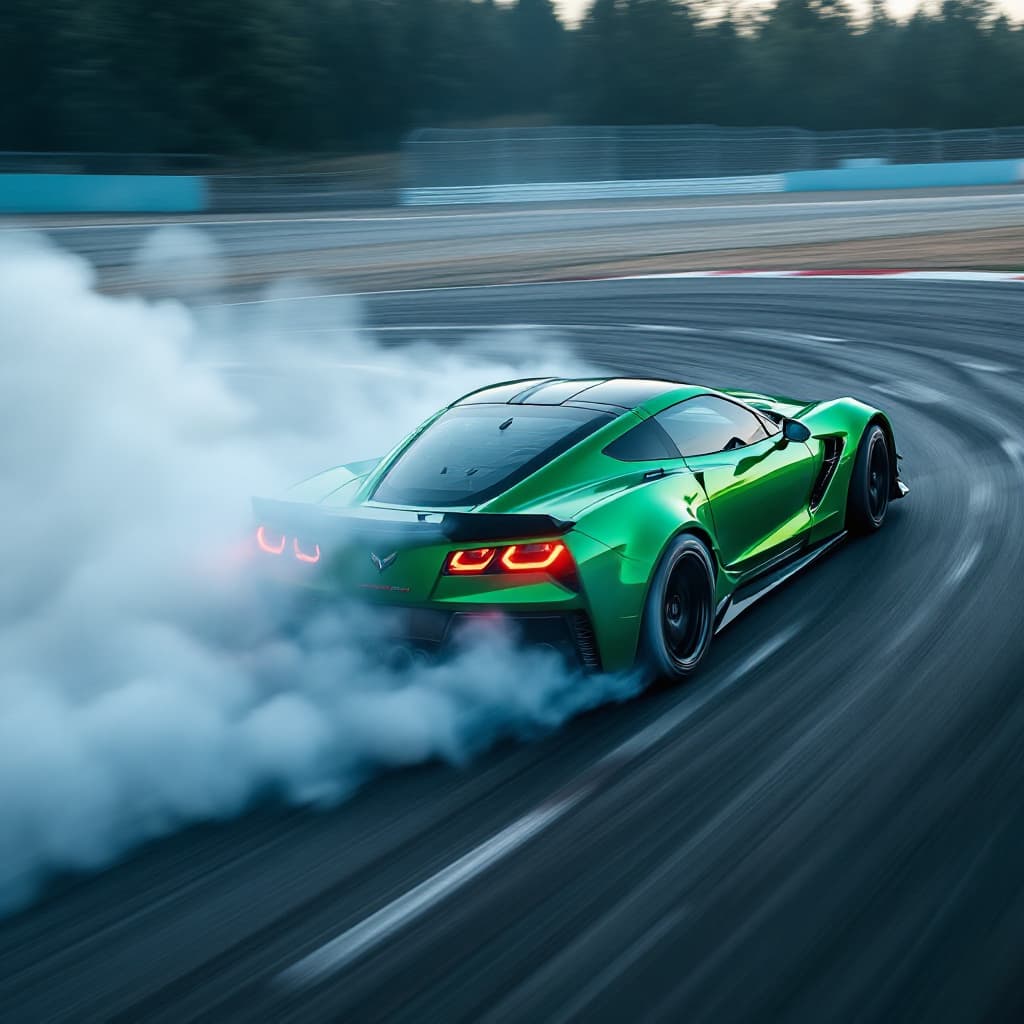 AI generated: photography, sports shooting, dynamic range, dynamic motion with stock 2000 British racing green cor...