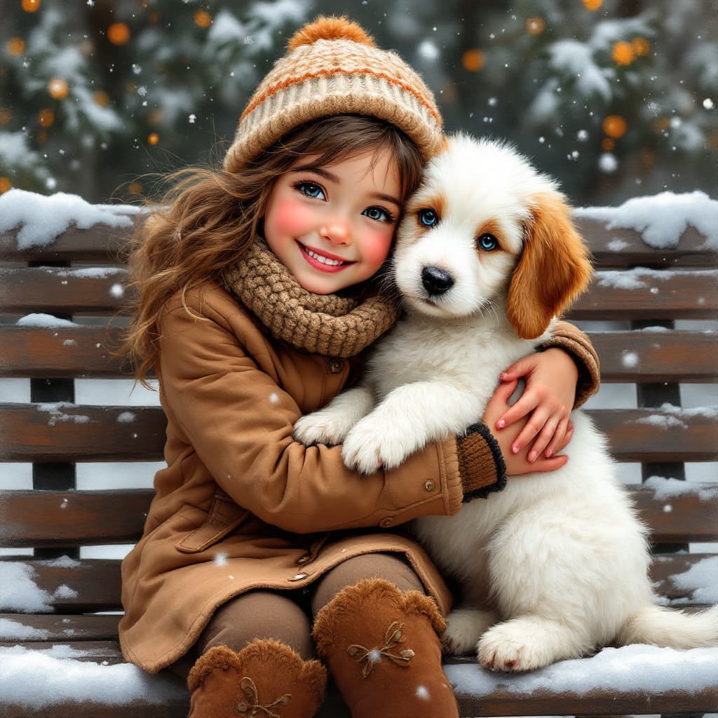 AI generated: Prompt :  painting of a full body shot cute little smiling girl cuddling her white havanese puppy wi...