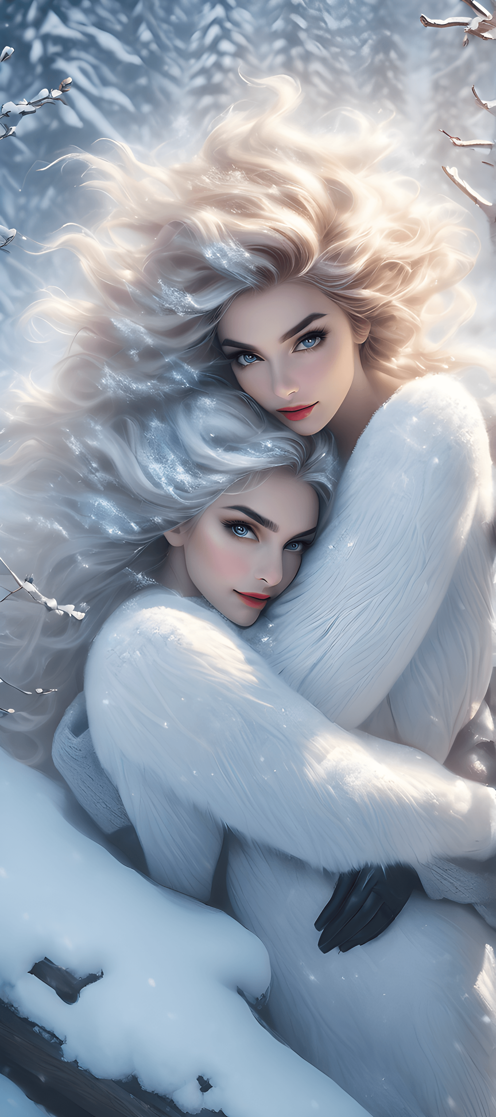 AI generated: Cosy mystery, top view of  Cold and Blizzard as an Two fantasy sisters. Mysterious. By DamShelma per...