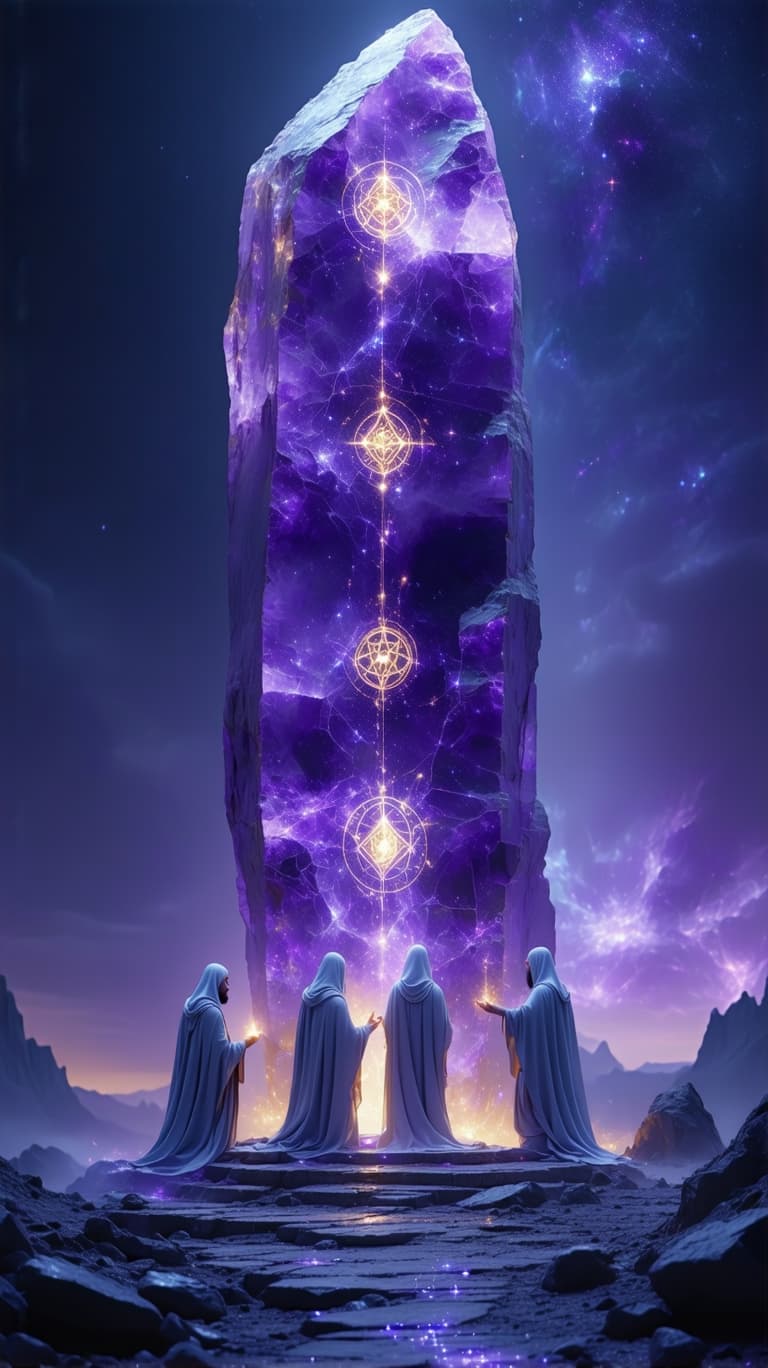 AI generated: Three celestial artisans, clad in robes woven from gilded nebulae, carve a grand, floating temple fr...