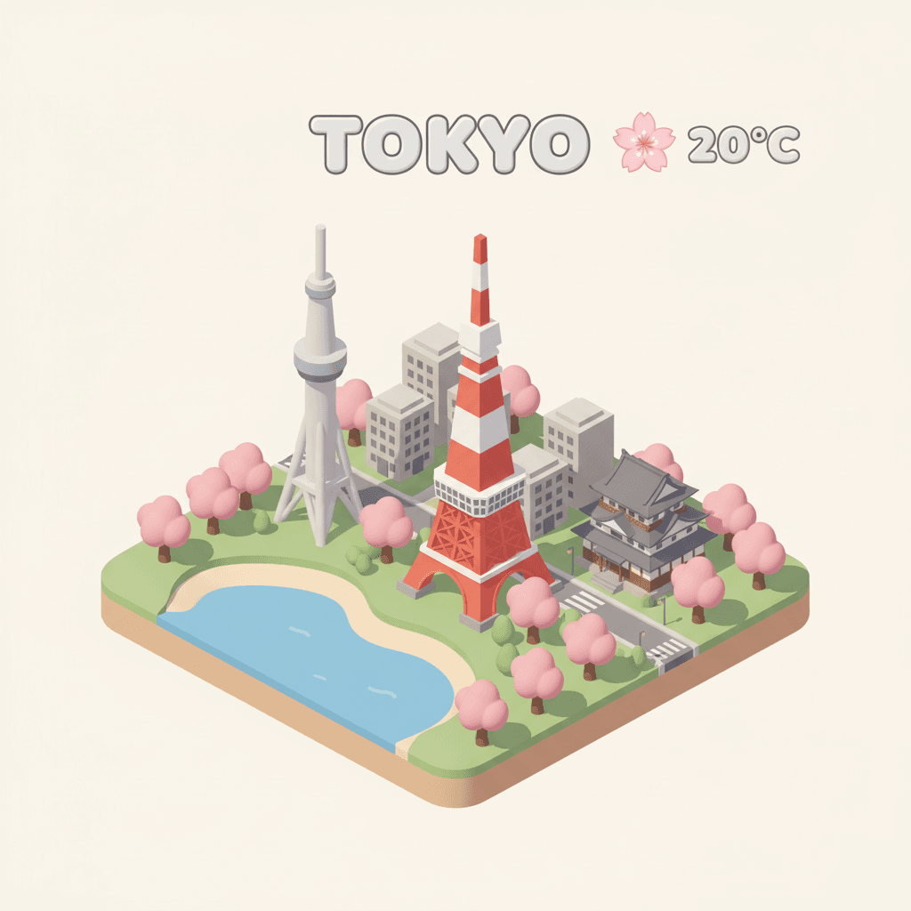 AI generated: Create a charming, isometric 3D illustration of a miniature Tokyo city scene. The entire composition...