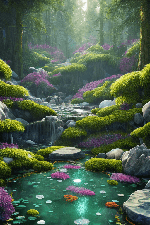 AI generated: Relaxing Forest flower crystals::4 emitting glitter garden landscape with pool of clear water and „b...