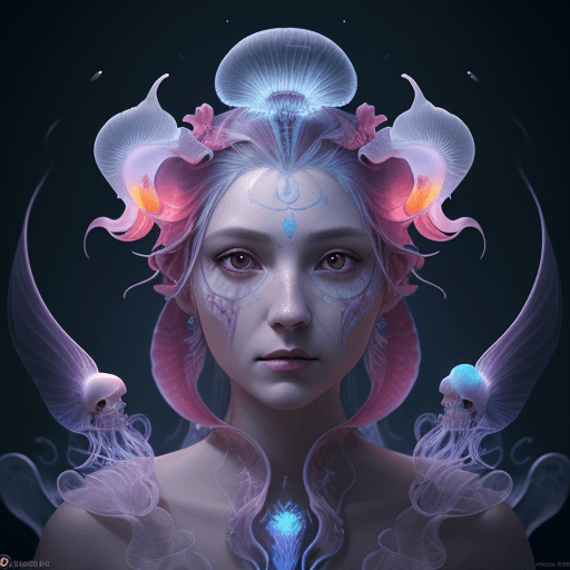 AI generated: Goddess close-up portrait ribcagel. jellyfish phoenix head, nautilus, orchid, skull, betta fish, bio...
