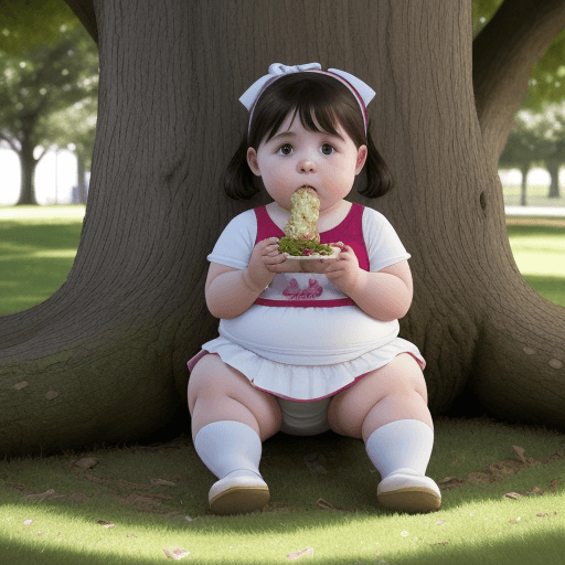 AI generated: A fat little girl eating by the tree getting fatter