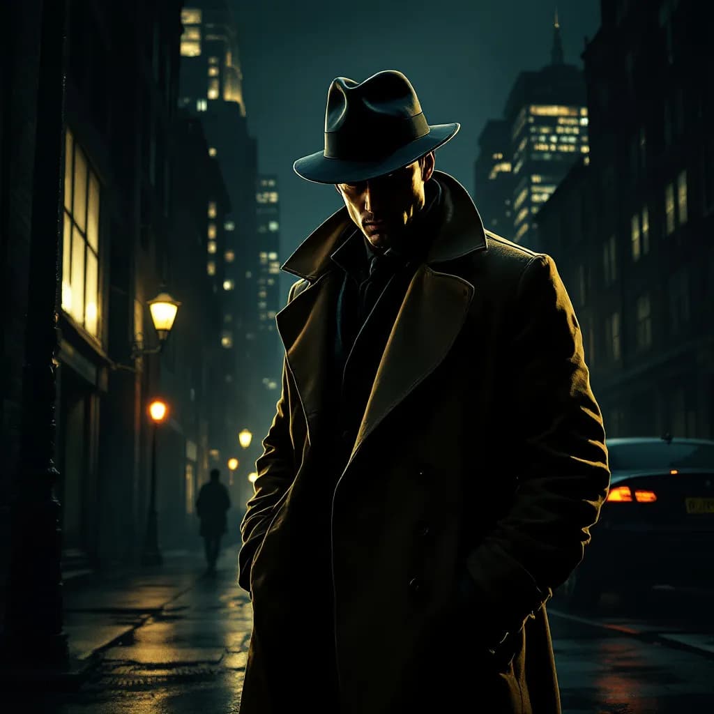 AI generated: Male detective in a trench coat, set against a noir city backdrop at night, in the style of Edward H...