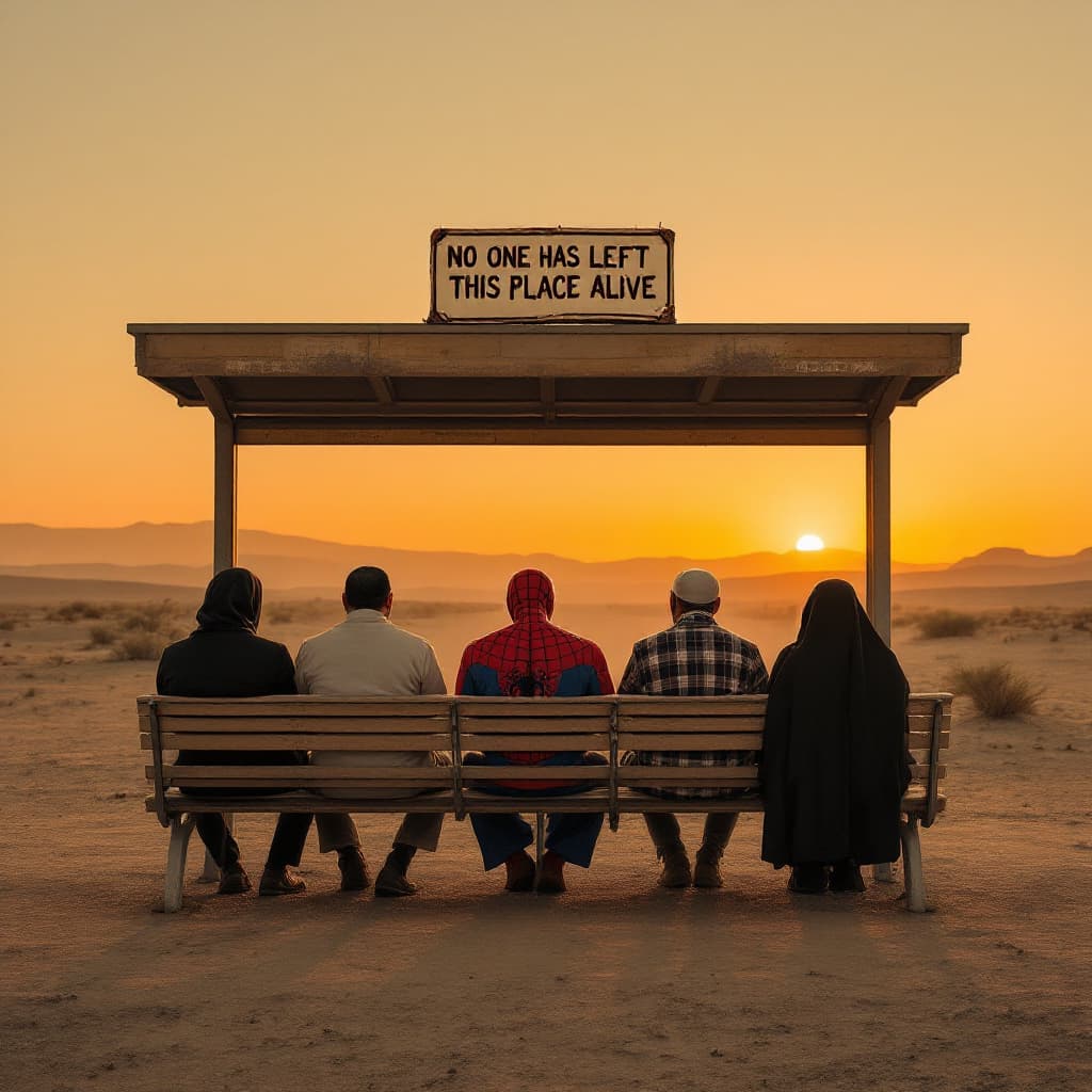 AI generated: wide shot, front shot  of a bus station located in the middle of the dessert, is sunset , dusty envi...