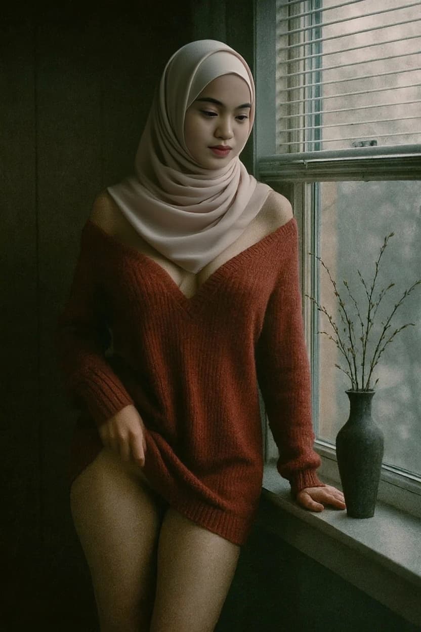 AI generated: woman on this photo take out the hair, wear hijab, maintain the authenticity of his face and pose.